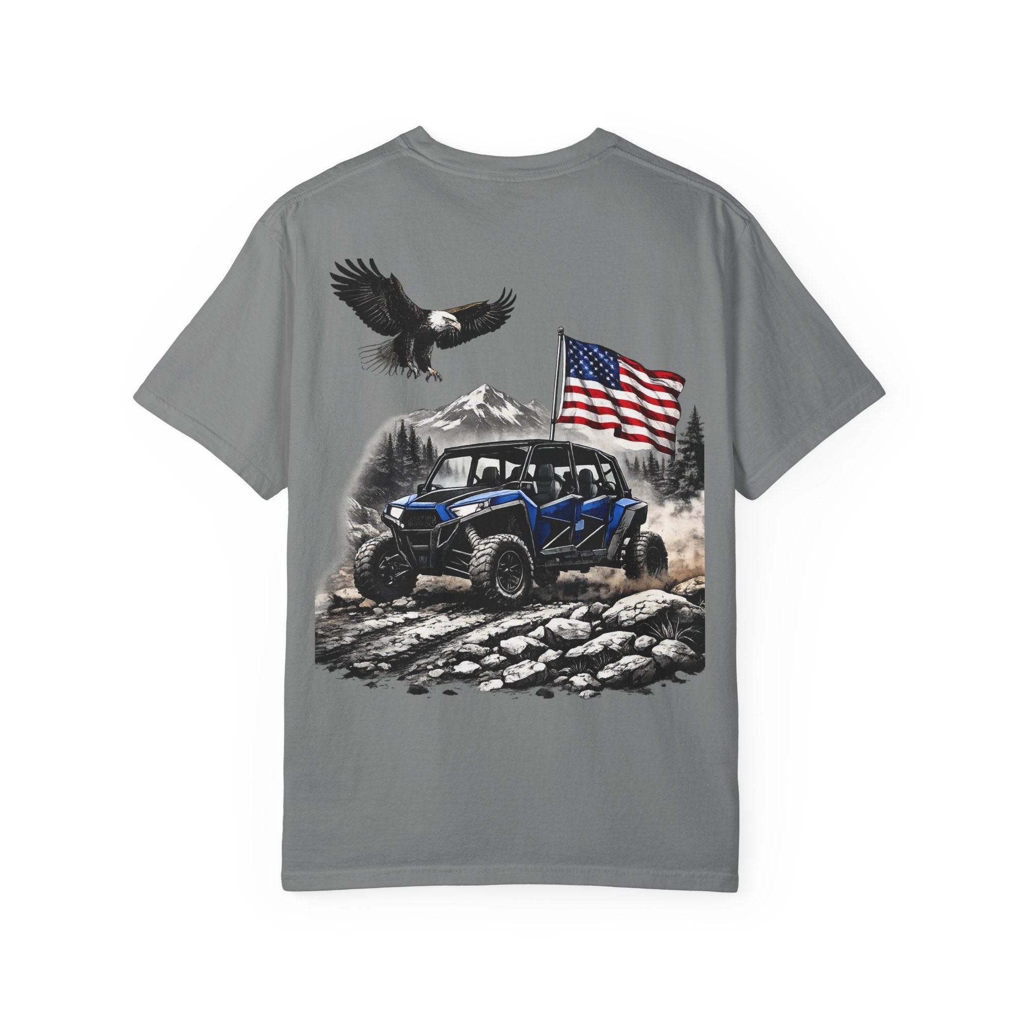 Off-Road UTV T-Shirt — Blue Ranger with American Flag & Eagle