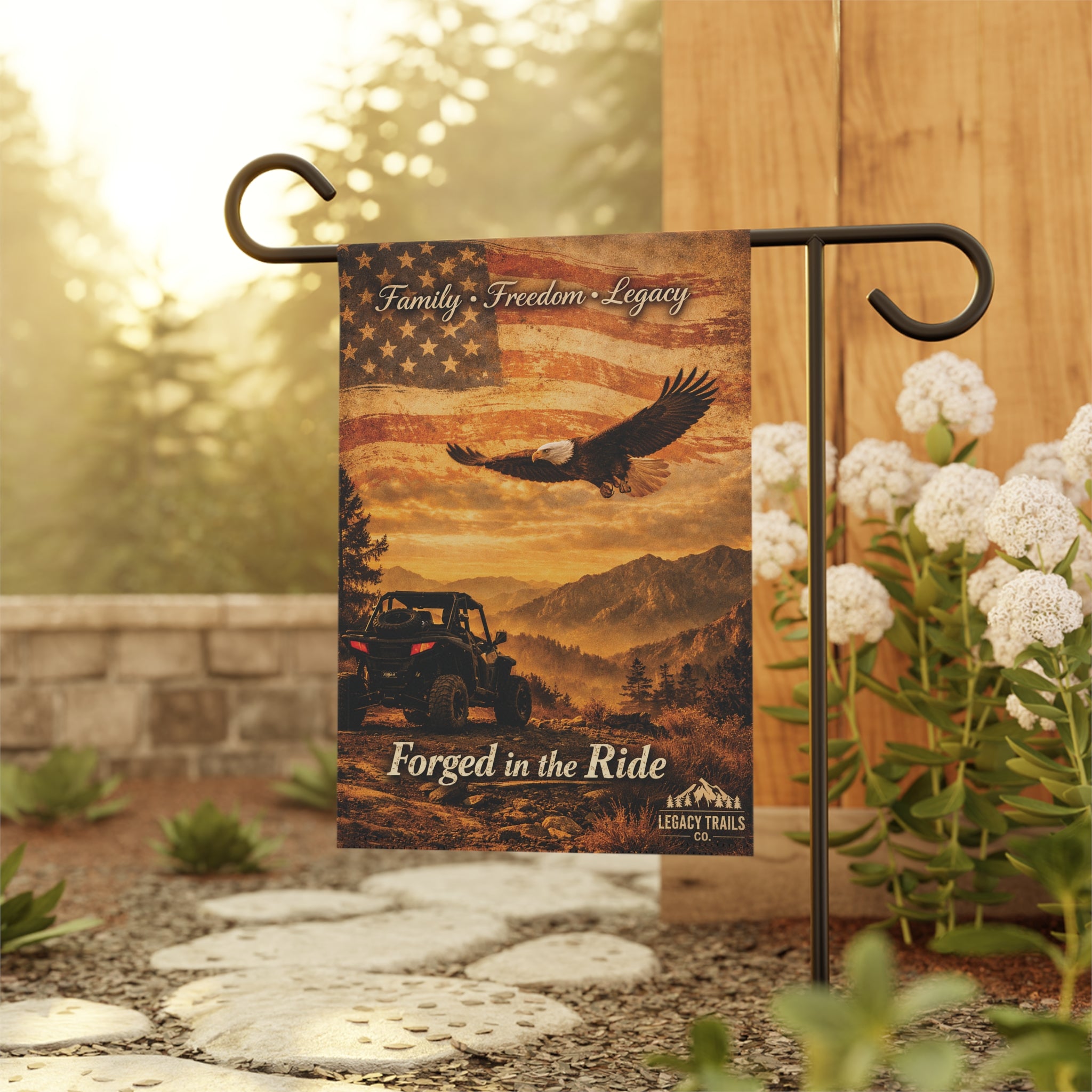 Patriotic Eagle Garden Flag – "Forged in the Ride" Outdoor House Banner
