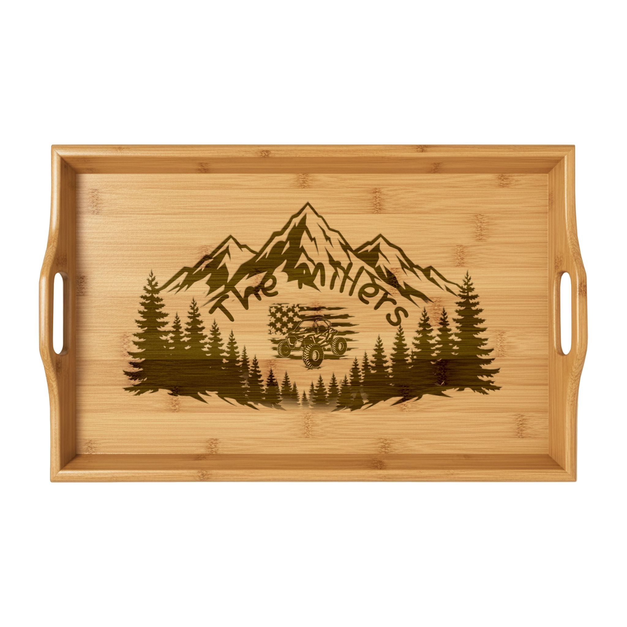 Engraved Bamboo Serving Tray – Mountain Forest Jeep Design (Personalizeable)
