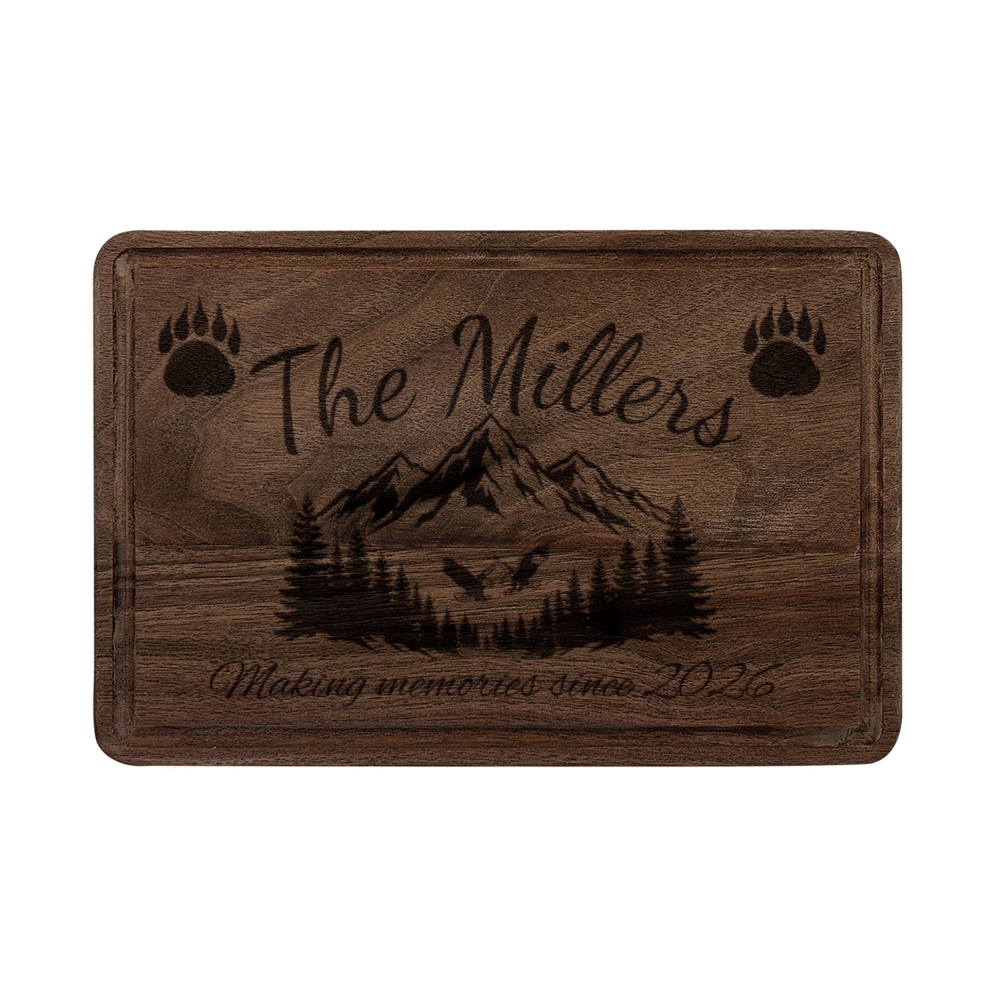 Engraved Mountain & Bear Paw Personalized Wooden Cutting Board — Custom Family Name Cutting Board (e.g., "The Millers")