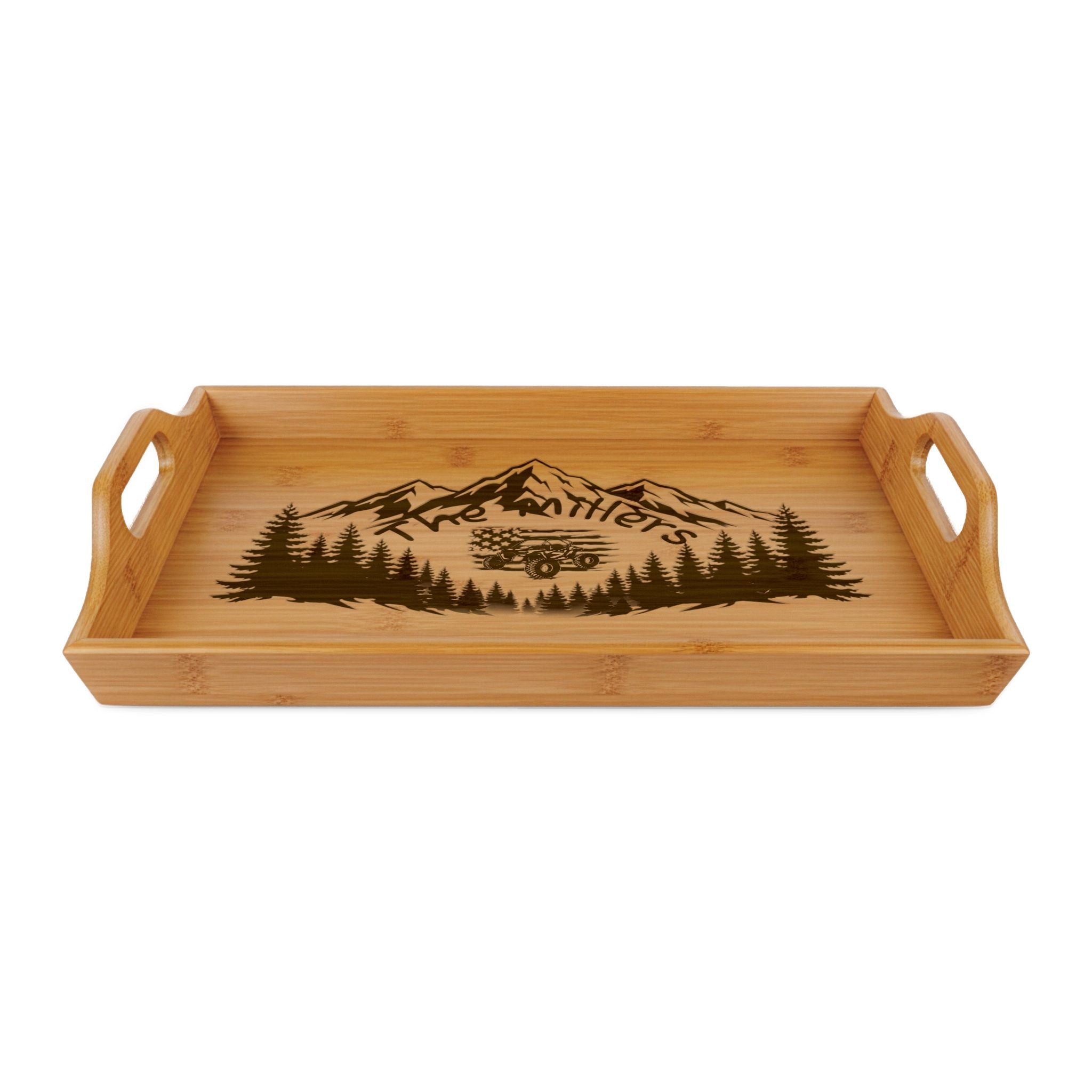 Engraved Bamboo Serving Tray – Mountain Forest Jeep Design (Personalizeable)