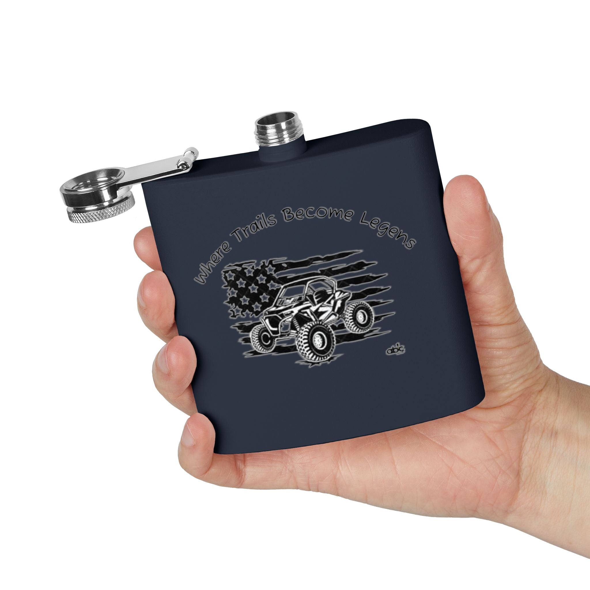 6oz Stainless Steel Flask — Off‑Road UTV American Flag "Where Trails Become Legends"