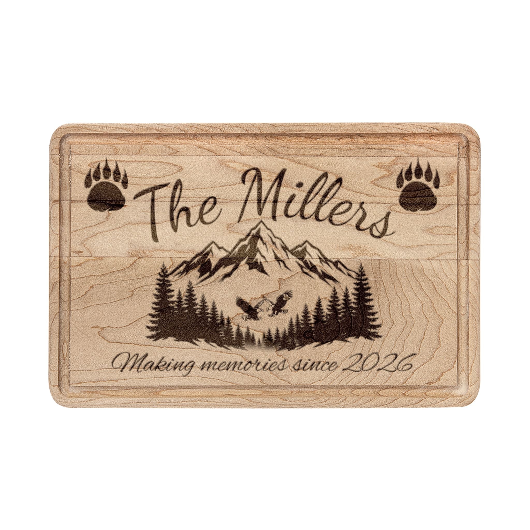 Engraved Mountain & Bear Paw Personalized Wooden Cutting Board — Custom Family Name Cutting Board (e.g., "The Millers")